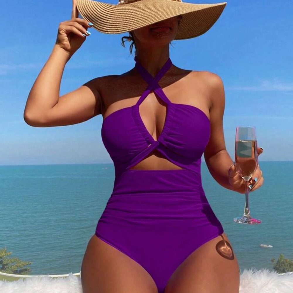Swim Women's Solid Color Halter Neck Lace-Up Backless Minimalist Casual Summer